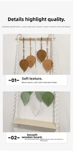 Detail of hand-woven cotton macrame leaves and smooth wooden shelf for wall decor