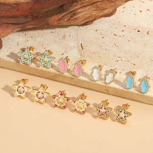 Stud Earrings Copper Colorful Enamel Cubic Zirconia Hamsa Hand Pentagram Vintage Small Niche Jewelry For Women
