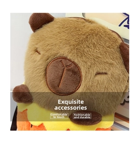 Close-up of soft plush capybara bag featuring fluffy brown texture and cute facial details