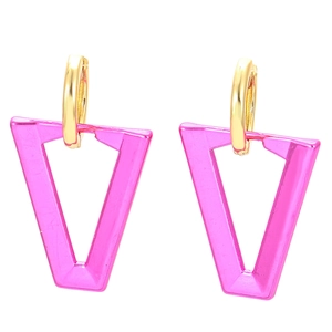 Pink triangle pendant earrings with gold hoops on a clean white background
