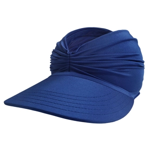 Detailed view of dark blue sun hat with high-stretch fiber and unique pleated design