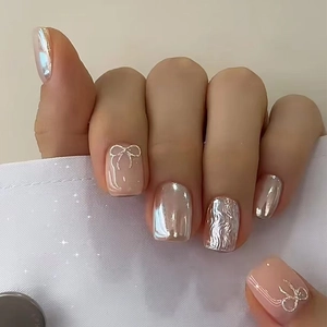 Press On Nails Short Square Round Pink Gradient Metallic Chrome Mirror Finish Sweet Bow Knot Design ABS Plastic Manicure