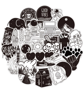 Collection of black and white punk graffiti stickers featuring astronaut and skull designs