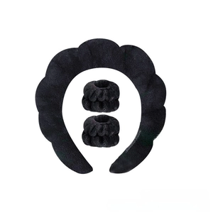 Three-piece black velvet headband and wristband set for face washing and skincare