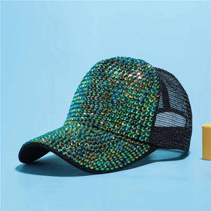 Detail of breathable mesh baseball cap featuring shimmering colorful rhinestones