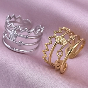 Adjustable vintage 304 stainless steel rings with abstract face design in gold and silver