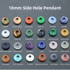 Matrix view of 24 types of 18mm side-drilled gemstone donuts for jewelry making