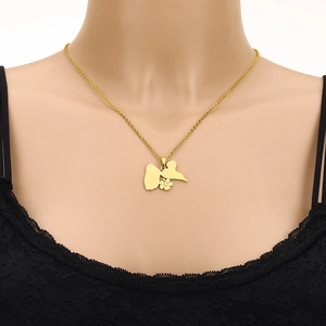 Detail of gold petal pendant on stainless steel chain worn on neck with lace