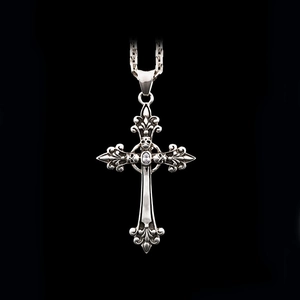 Gothic 925 silver cross necklace featuring skull details and a sparkling center stone
