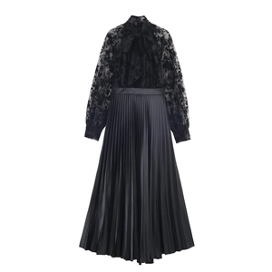 Mesh Flocking Patchwork Maxi Dress Elegant Long Sleeve Bow Tie Neck High Waist Pleated Banquet Party Gown