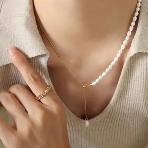 Luxurious freshwater pearl and gold plated titanium steel snake chain necklace for women
