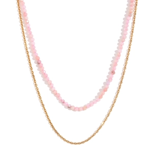 Double layered gold chain necklace featuring pink faceted beads and Amazonite stone pendant