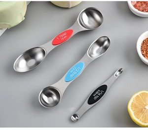 Detailed view of dual-sided stainless steel measuring spoons with colorful non-slip handles