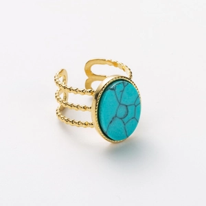 Vintage golden stainless steel ring with oval turquoise and triple bead band detail