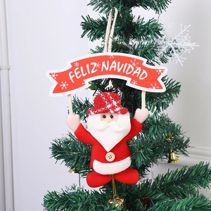 Felt Santa Claus Christmas tree ornament with Feliz Navidad banner on festive background