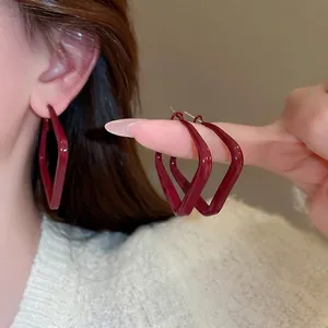 Geometric Hoop Earrings For Women With Silver Earring Post Red Lacquer Iron Square Rhombus Fashion Jewelry Accessory