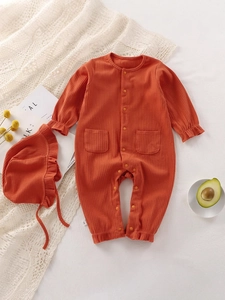Set pagliaccetto neonato in cotone a coste con cappello e volant, colore arancione