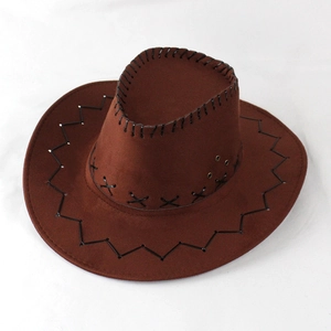 Classic dark brown western cowboy hat with black decorative stitching on a white background