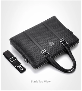 Top view of black leather business briefcase with embossed patterns and logo detail