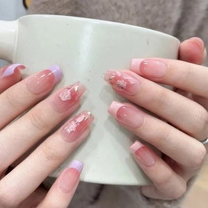 Coffin Press On Nails Rose Floral Pattern Gradient Pink Purple ABS Artificial Fingernails Elegant Style For Women