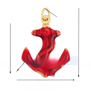 Detail showing dimensions of red anchor pendant with gold metal base and dimensions