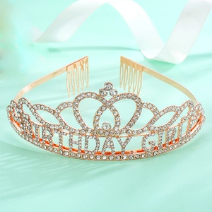 Detail of rose gold birthday girl crown featuring crystal rhinestones and side combs