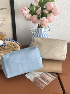 Minimalist waterproof PU storage bag for cosmetics in light blue and beige square design