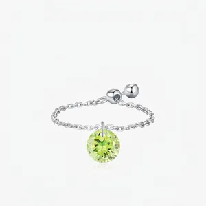 925 Sterling Silver Adjustable Chain Ring Round Green Zircon Pendant Forest Style Jewelry For Women