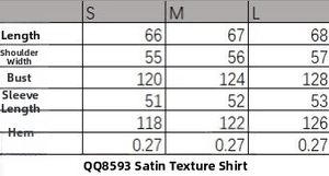 Size chart for women's satin shirt showing length, shoulder, and bust measurements in cm