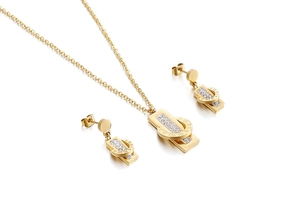 Detail of gold-plated Roman numeral pendant necklace and zircon earrings set
