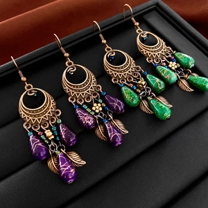 Bohemian leaf teardrop tassel earrings with vintage bronze metal and colorful beads
