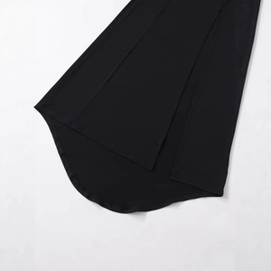 Elegant black crepe maxi dress with curved hemline and side slit detail for women