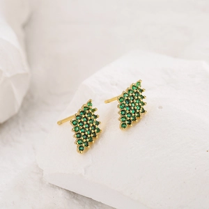 Luxury gold plated eye-shaped stud earrings featuring green micro-set zircon stones