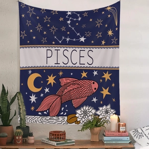 Detail of Pisces constellation tapestry with floral accents on a white brick wall