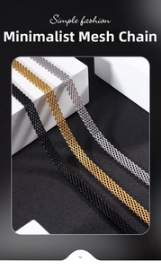 Detail of woven stainless steel mesh bracelets in black, gold, and silver finishes
