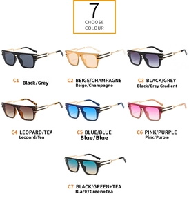 Collection of seven large square sunglasses with stylish hollow metal temples in various colors