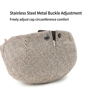 Men's herringbone tweed newsboy cap with adjustable stainless steel buckle closure
