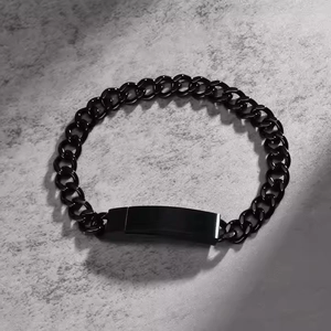 Minimalist black stainless steel Cuban chain bracelet with rectangular polished metal bar