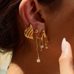 Lava gold earrings with pearls featuring irregular geometric shapes for women
