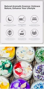 Detailed top view of colorful sea shell scented candles with starfish and dried flowers