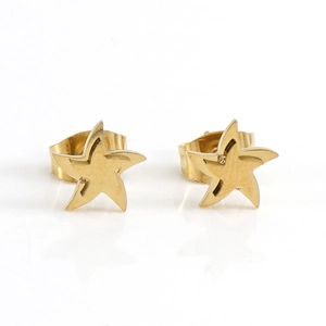 Minimalist golden starfish stud earrings in stainless steel with polished finish on white background
