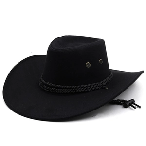 Classic black faux suede cowboy hat with adjustable chin strap and breathable vents