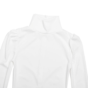 Detail view of white long sleeve bodysuit featuring high neck and puff shoulder design