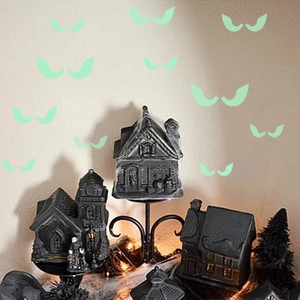 Halloween miniature haunted houses with glowing green bat and ghost eye stickers
