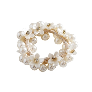 Elegant pearl floral hair tie with woven beige elastic band and crystal flower accents