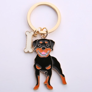 Rottweiler metal keychain with dog paw bone pendant charm and golden key ring