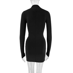 Rear view of black bodycon dress showing sleek silhouette and high collar stitching