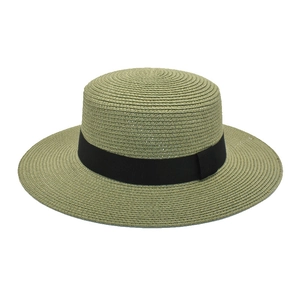 Close-up of fine straw weave and black satin ribbon on bean green flat top boater hat