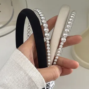 Elegant satin and faux pearl double-layer headband set in black and cream white colors