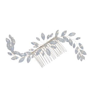 Detailed view of handmade silver bridal hair comb with blue marquise crystals and wire wrap